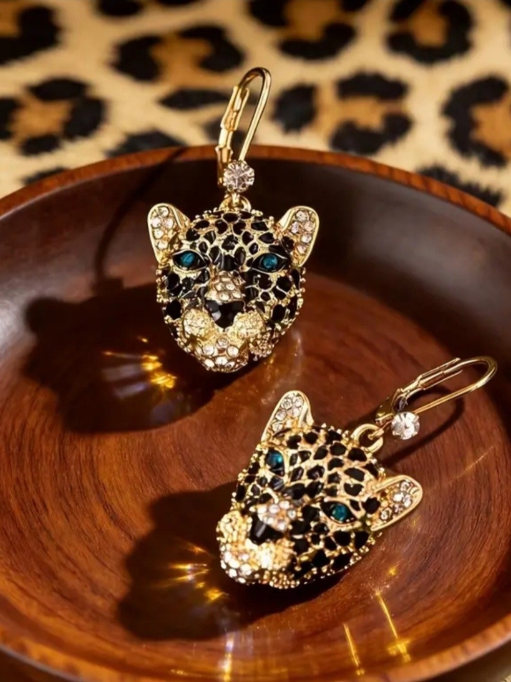 Gold Leopard Head Drop Earrings with Teal Eyes